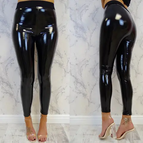 Женские облегающие леггинсы, готические эластичные блестящие леггинсы из искусственной кожи с эффектом пуш-ап, длинные черные штаны, сексуальные обтягивающие леггинсы