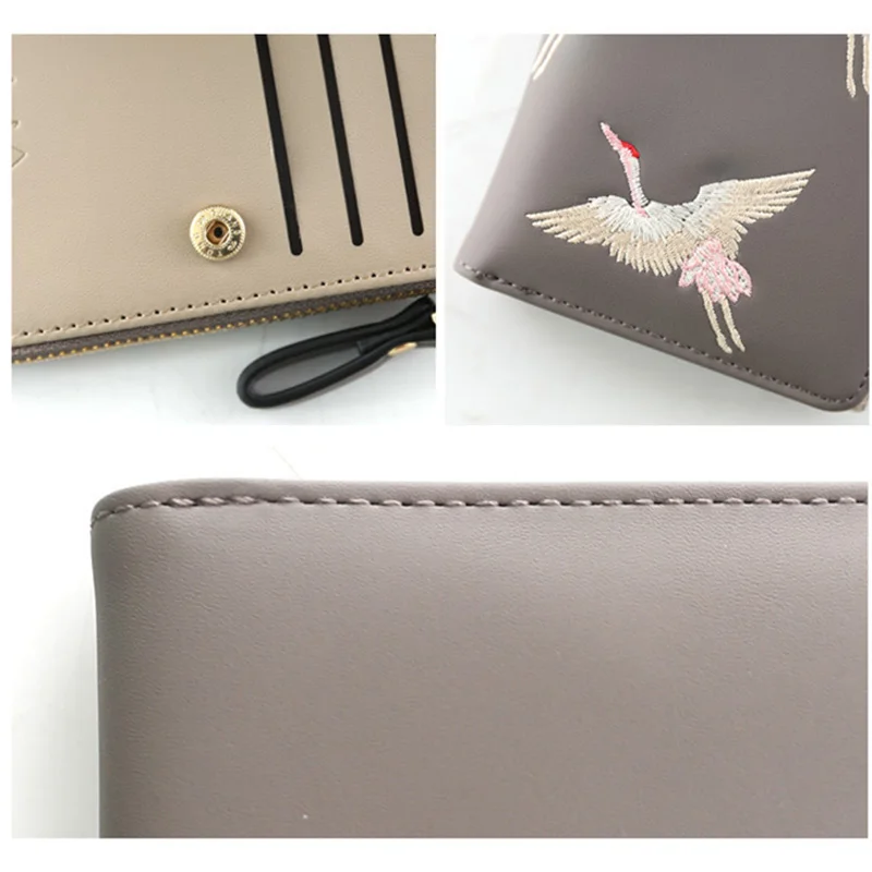 

Women Leather Wallet Purses Female Cranes Embroidered Short Coin Zipper Purse Cards Holder Small and Slim Coin Pocket Girls DSA