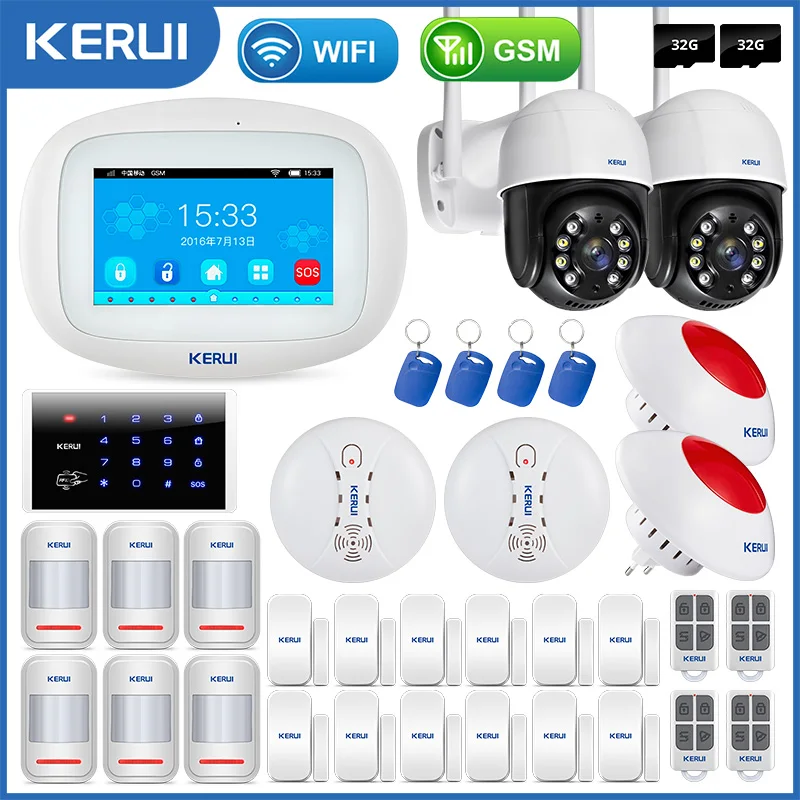 

Kerui Smart Home Security Alarm System Kits 4.3 Inch WIFI GSM APP Control Smoke Detector Wireless Camera Anti Pet PIR Sensor