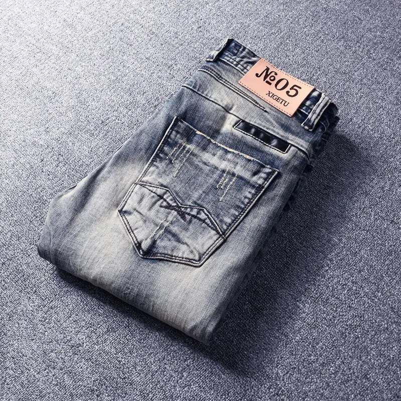 Italian Style Fashion Men Jeans Retro Blue Elastic Cotton Slim Fit Ripped Jeans Men Streetwear Vintage Designer Denim Punk Pants