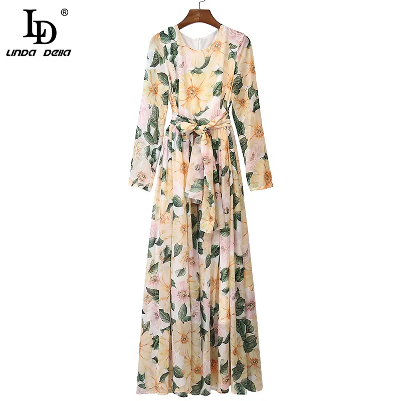 

LD LINDA DELLA 2021 New Summer Bohemian Vacation Elegant Dress Women Long sleeve Yellow Camellia print Belt Fashion Maxi Dress