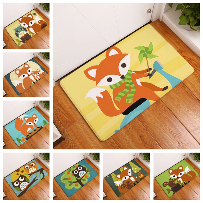 

Cartoon Fox Print Decorative Hallway Entrance Doormat Owl Pattern Non Slip Bathroom Carpet Home Decor Absorbent Kitchen Rug
