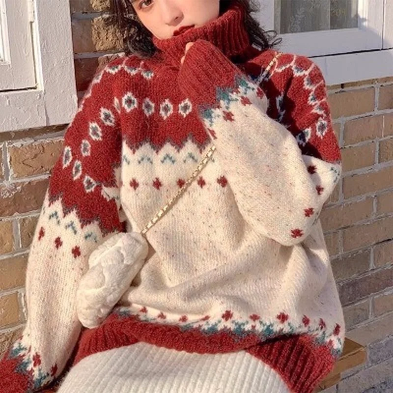 

Women Pullover 2023 New Lazy Wind Thick High Collar Christmas Red Sweater Women's Head Autumn And Winter Loose Wear Sweater