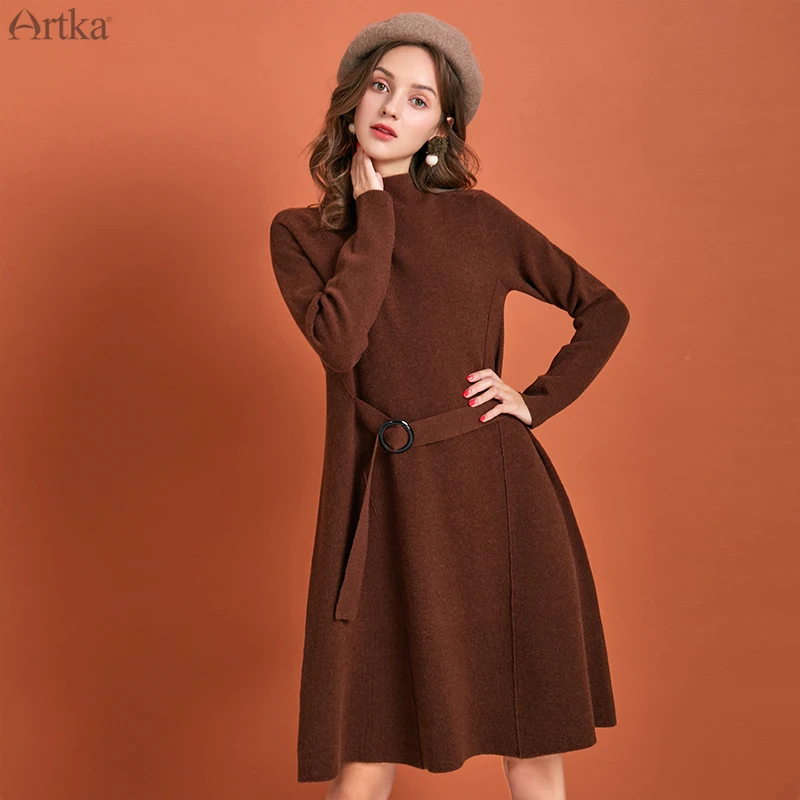 ARTKA Осень Зима Новое Женское платье Элегантное однотонное вязаное платье с высоким воротником платье с длинным рукавом LB10191D