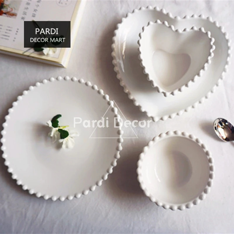 

Hot sale simple style white color pearl shape plate bowl heart shape dessert plate soup bowls tableware 1pc/lot