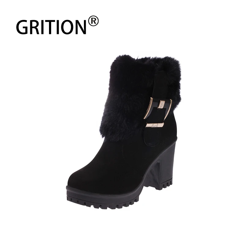 Женские теплые меховые ботинки GRITION Зимние ботильоны на платформе и высоком