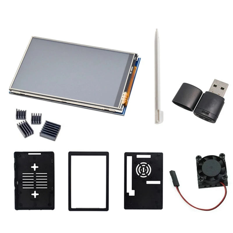 

Сенсорный экран для Raspberry Pi 4B 3B 3B + 3,5 дюйма, ЖК-дисплей + сенсорная ручка + чехол из АБС-пластика + вентилятор с памятью 64 ГБ для Raspberry Pi 4B