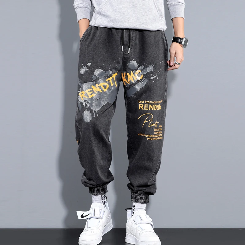 Men's jeans spring letter printing baggy Hip hop jeans men cargo pants Streetwear Cartoon Graffiti Drawstring Denim trousers men