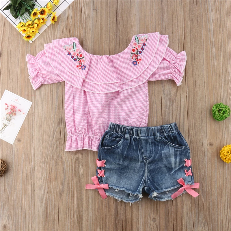 AA Girls Clothing Set Children Clothes Plaid Flower Off Shoulder Crop Tops Lace Up Denim Shorts Pants Cute Baby Kids Outfit