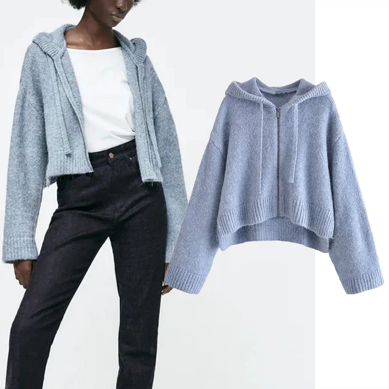 

Женский трикотажный свитшот на молнии, голубой однотонный Повседневный Свободный асимметричный кардиган с длинным рукавом и капюшоном, зи...