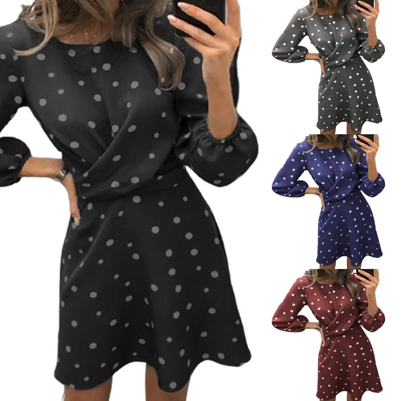 

Fashion Vinatage Polka Dot Short Dress Elegant Long Sleeve Round Neck A-line Mini Dresses Ladies Party Dress