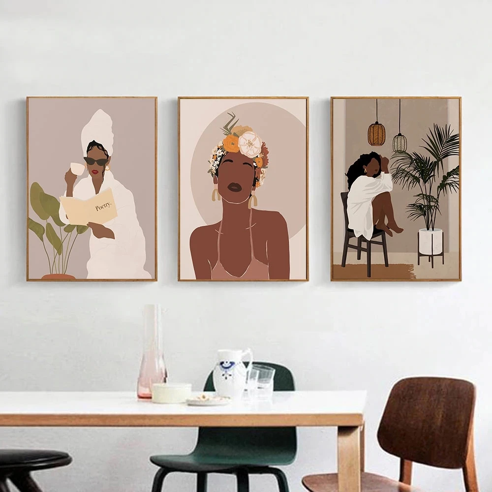

Abstract Wall Art Canvas Painting Black Girl Posters Leaves Flower Print Plant Poster Nordic Wall Pictures Bothroom Decoration