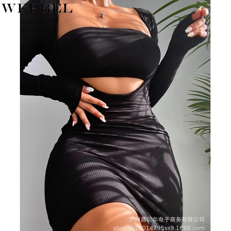 

WEPBEL Women's Sexy Slim Dress Suit Autumn Fashion Long Sleeve High Waist Dress + Solid Color Strapless Bra Set