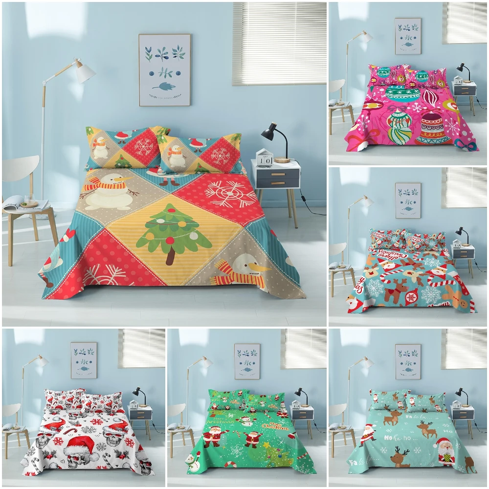 

Santa Claus Printed Bedding Sheet 1/3 Pcs Queen King Size Bed Sheets and Pillowcases Merry Christmas Decoration Flat Sheet Set