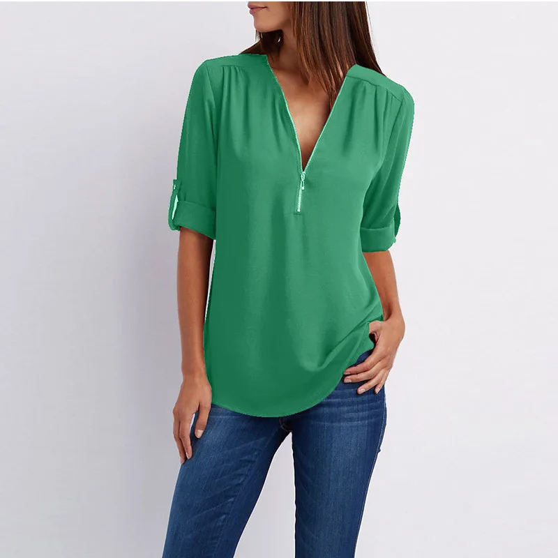 Grass green Женская шифоновая блузка с v-образным вырезом на лето и осень, повседневные однотонные Топы с коротким рукавом, свободные блузки на молнии, рубашки размера плюс - Цвет: Grass green