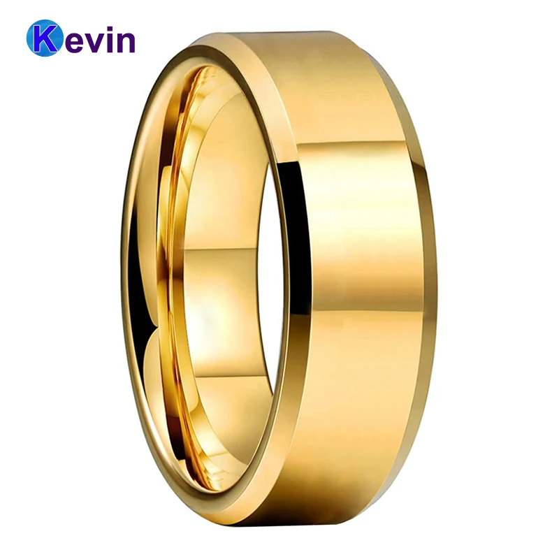 

6MM 8MM Yellow Gold Wedding Band Men Women Tungsten Ring With Beveled Polished Finish Comfort Fit