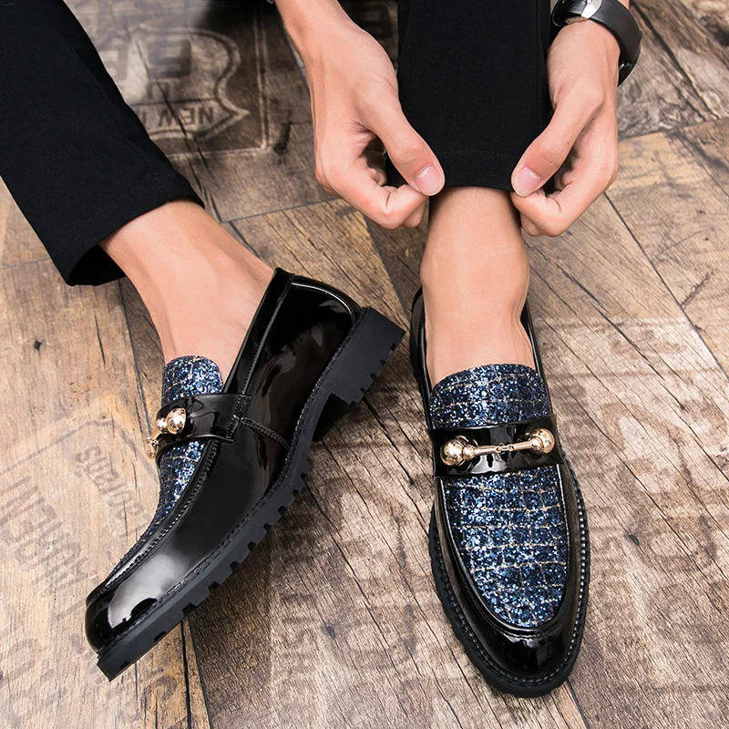 Leather Casual Shoes Men loafers Brand Metal Man Glitter club party Slip On Male gommino Driving Moccasins men | Обувь