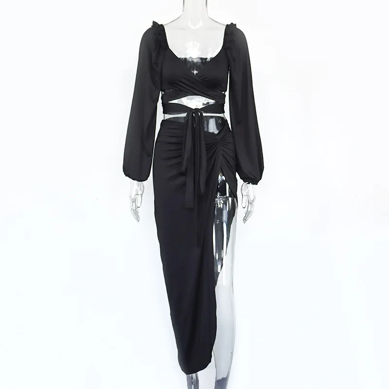 

Sexy Night Club Two Piece Set Women V-Neck Ruffles Long Lantern Sleeve Crop Top Knoted High Split Long Skirts Matching Sets