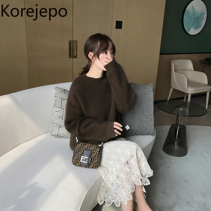 

Korejepo Women Sweater 2021 Autumn Winter Hedging Thick Mink Fleece Sweater O-neck Long Sleeve All-match Outer Wear Knit Sweater