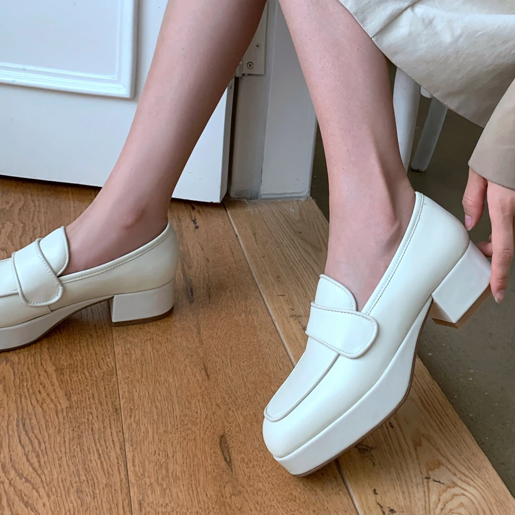 

karinluna 2020 Fashion Brand shoes Cow Leather Office Ladies Slip-On women shoes Square Thick Heels Round Toe Platform Pumps