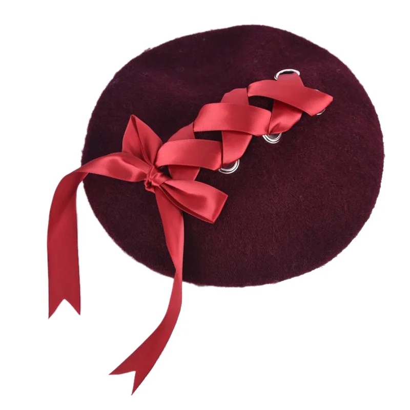 

4 Colors Bandage Elegant Bow Beret Beanie Harajuku Cute Sweet Round French Straps Black Fshionable Winter Warm Daily Casual Hat