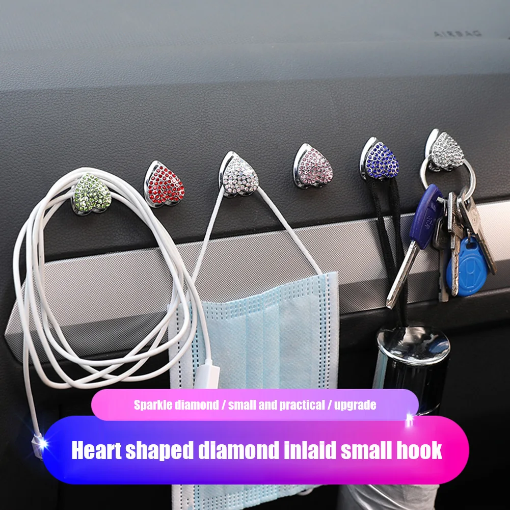 

Love Heart Rhinestone Adhesive Car Hook Organizer Storage Hanger for USB Cable Headphone Key Bling Hanging Hooks for Auto Home