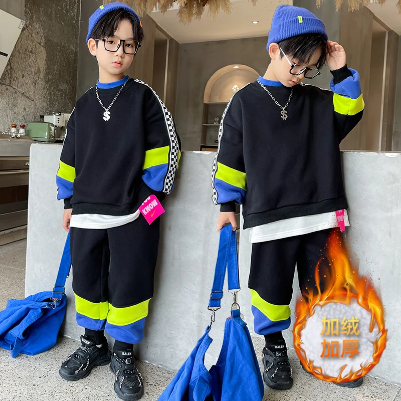 

Winter Boys Sweater Sets Plus Fleece Warm Suit Color Striped Spliced Thicken Casual Outfits For 4 5 6 7 8 9 10 11 12 13 Yrs Boys