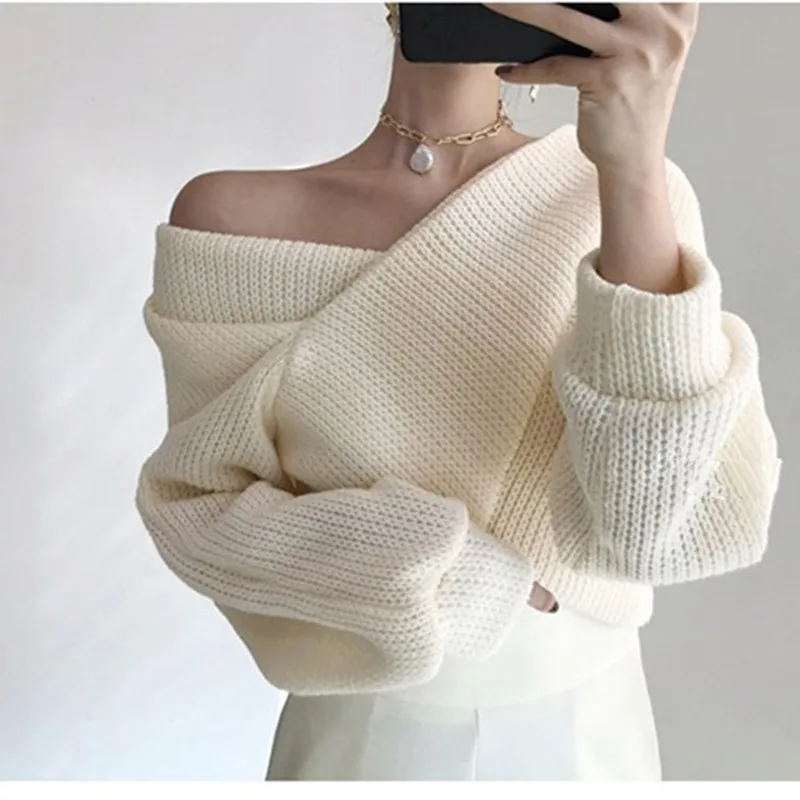 HziriP 2020 OL Sexy Crop Tops Loose Sweater Woman Long Sleeve V Neck Solid Women Sweaters And Pullovers Knitted Jumpers Female | Женская
