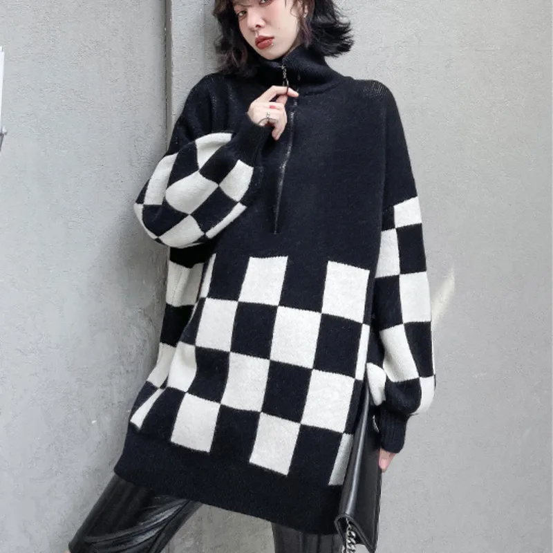 

XUXI Women Turtleneck Pullover Knitting Sweater Autumn Winter 2021 Zipper Splicing Fashion Long Sleeve Vintage Sweater Top E4608