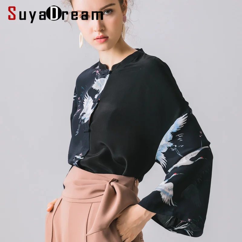 Женская шелковая блузка из 100% натурального шелка черная винтажная с принтом