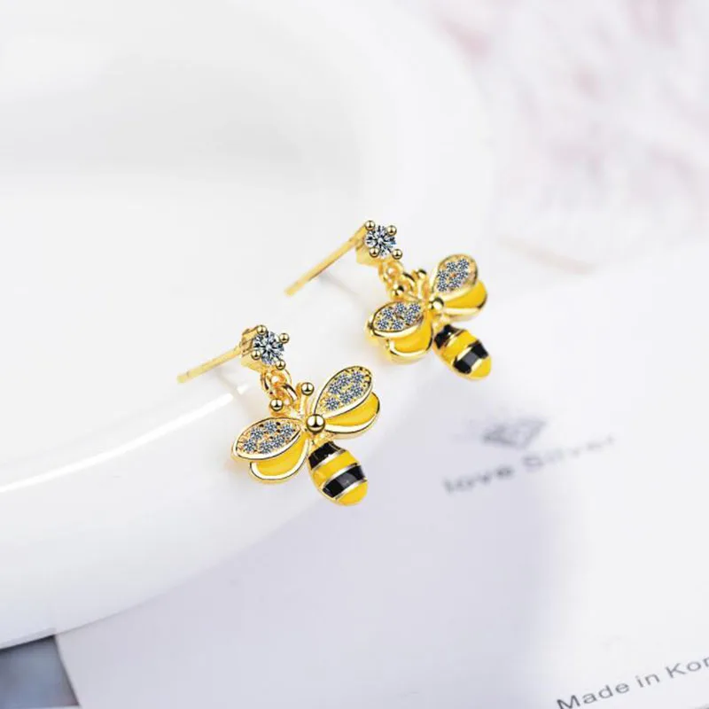 

Hot Sale 1 Pair Cute Bee Earring Jewelry S925 Sterling Silver CZ Honey Bee Earrings Stud Unique Earrings Jewelry Women