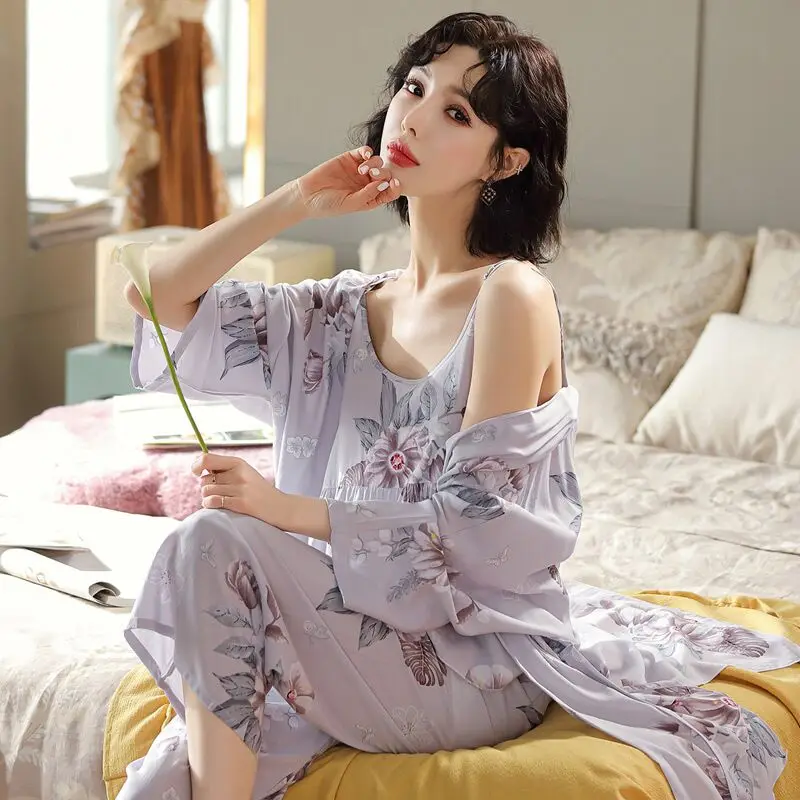 

2021 New 3Pcs Women Pajamas Set Homesuit Spring Viscose Casual Flower Elegant Female Pyjama Nightwear Sleepwear Home Wear Suit