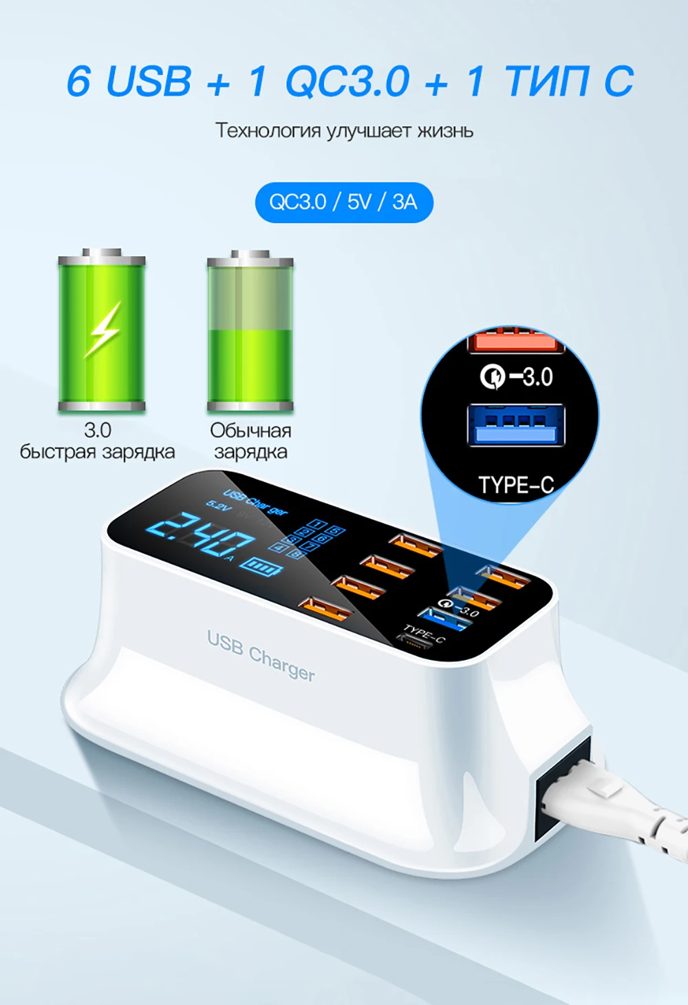 6 USB+ 1 QC3.0+ 1 USB зарядное устройство быстрое зарядное устройство 3,0 Настольный светодиодный дисплей для Android Iphone адаптер телефон планшет быстрая зарядка