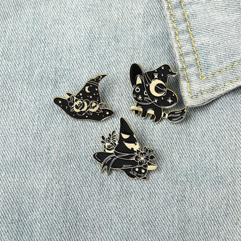 

Black Magic Witchcraft Cat Enamel Pins Punk Animal Brooches Lapel Badges Fashion Moon Pins Gifts for Friends Wholesale Jewelry