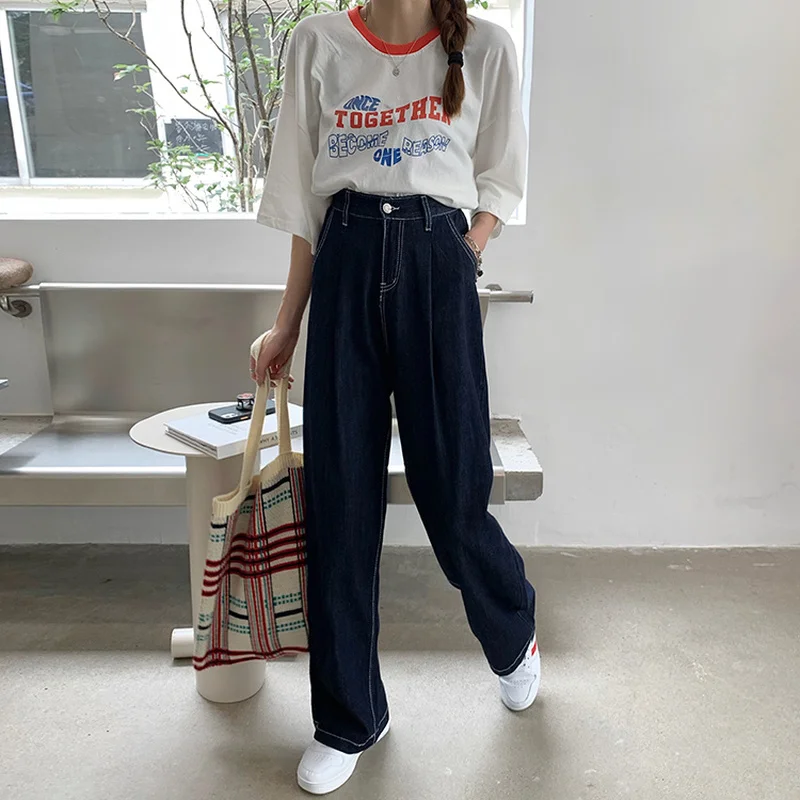 Женские джинсовые брюки с высокой талией и широкими штанинами модные