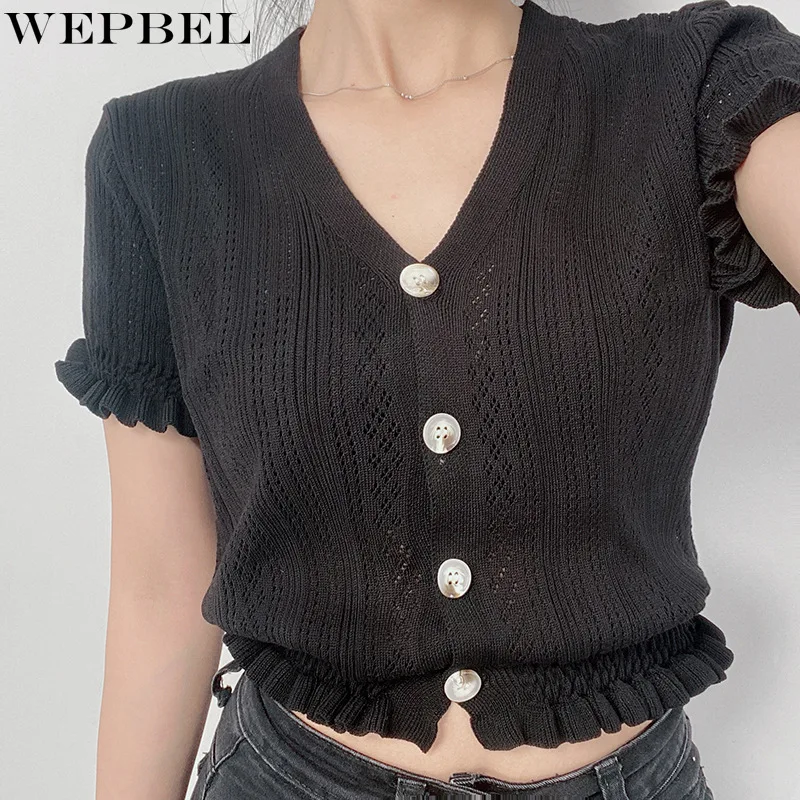 

Кардиган WEPBEL, кружевная футболка, Женский облегающий вязаный однобортный кроп-топ с коротким рукавом и V-образным вырезом