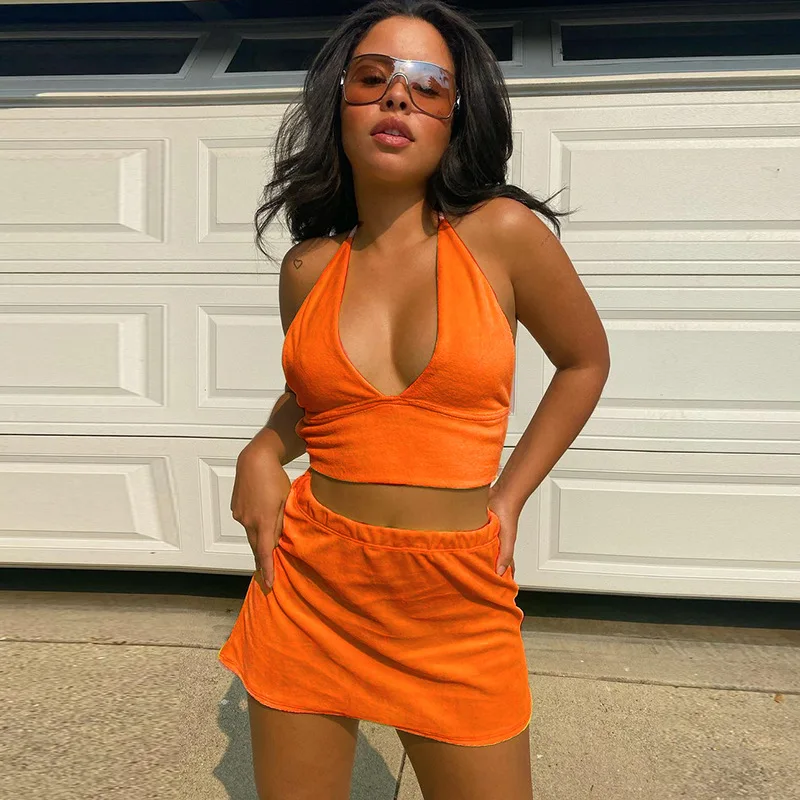 

QuanRun Women Sexy 2 Piece Set Solid Dress Set Back Drawstring Ribbons V Neck Crop Top+ Short Dress Workout Streetwear 2021