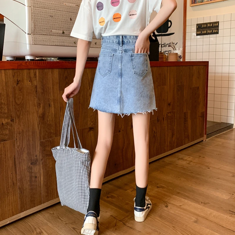 

Aibeautyer Summer Women Vintage Retro A-line Tassel Plus Size Jeans Skirt Streetwear High Waist Washed Mini Denim Skirts