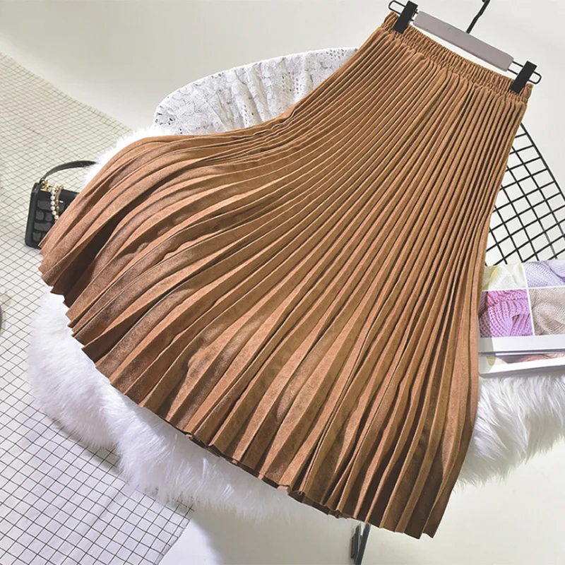 

New gold velvet pleated skirt mid-length deerskin velvet high waist skirt suede