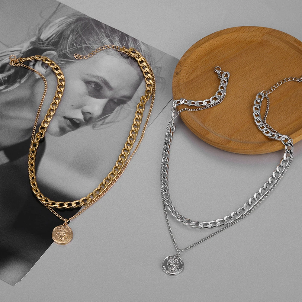 

UMKA Simple Design Necklaces For Women Fashion Gold Silver Color Multilayer Coin Chokers Chain Jewelry Gifts 2021