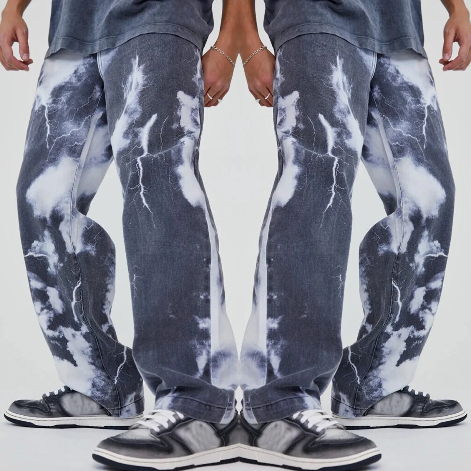 

53# Men's Pocket Tie-Dye Jeans Comfort Mid-Waist Casual Straight Denim Pants Male Sports Jogging Fashion Wild Length Jeans Pants