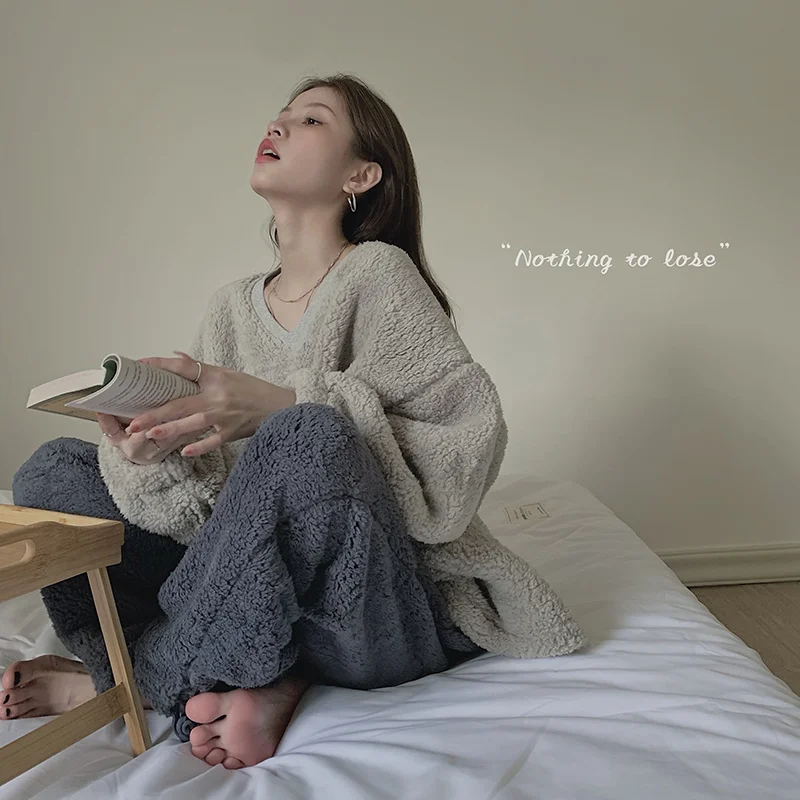 Двусторонняя кашемировая свободная Пижама женская зимняя плюшевая утепленная