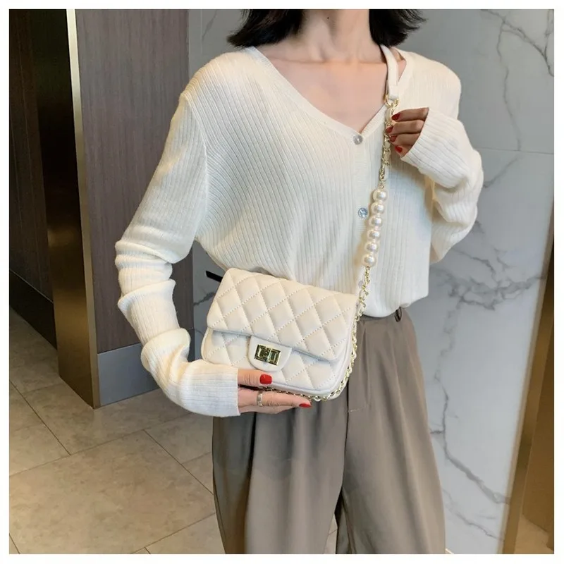 

Textured Women's Small Bags 2021 Spring New Trendy Fashion Pearl Chain Wild Shoulder Messenger Bag Personalized Small Square Bag