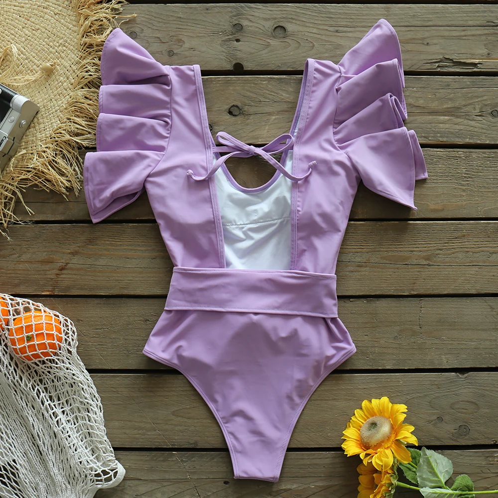 

2021 New Sexy Ruffle Solid One Piece Swimsuit Swimwear Women Solid Strappy Beach Wear Slimming Bathing Suit Monkini