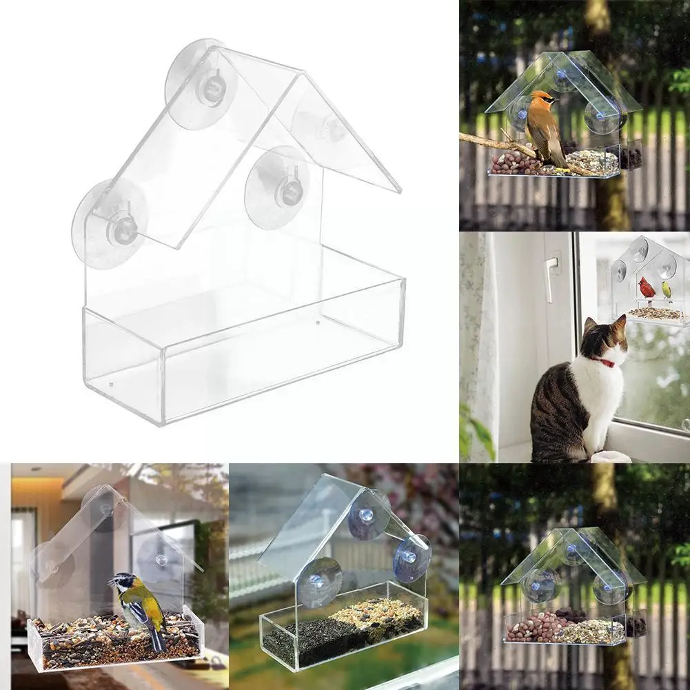 

Bird Feeder Hotel Clear Glass Window Viewing Table Suction House Bird Seed Type Feeder Hanging Adsorption Peanut V2T7