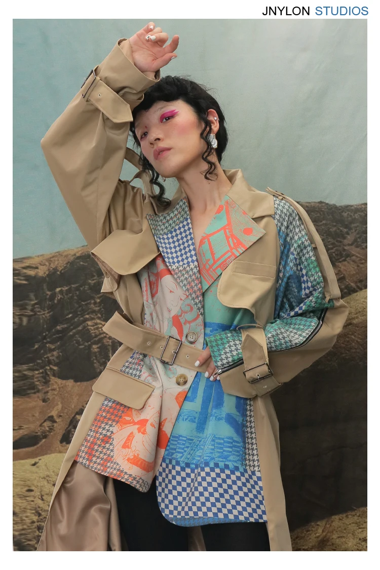 DEAT Autumn And Winte Turn-down Collar Patchwork Printed Maps Batwing Sleeves Waist Belt Female Trench Coat Loose WJ27004L