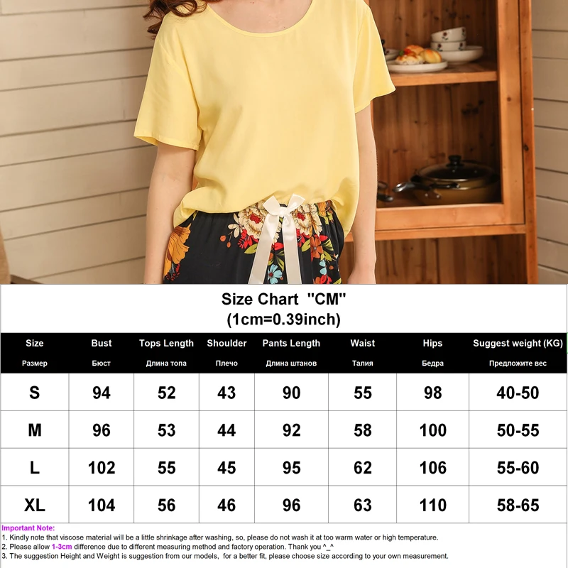 Women's Pajamas Set Viscose Homewear Summer Short-Sleeve T-Shirt Long Pants Sleepwear Suits Floral-Printed Mujer 2PCS Lingeries