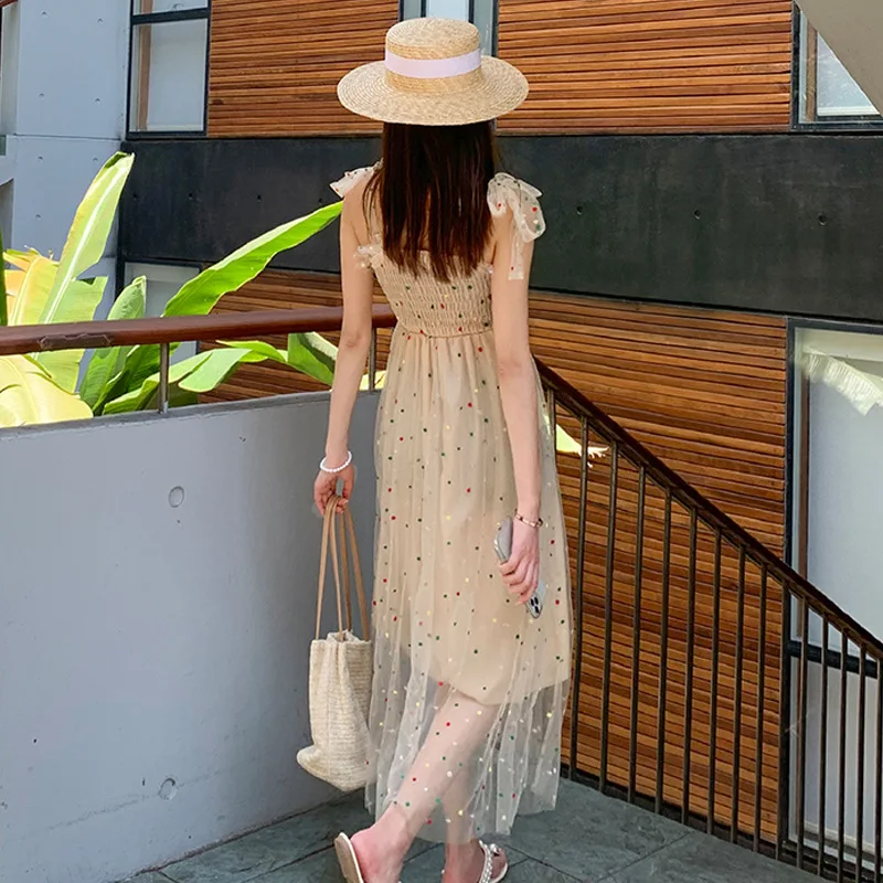 

Fairy Women Dress Summer Holiday Beach Vintage Sundress Elegant Girl Dress Femme Long Strapless Sweet Polka Dot Embroidery Mesh