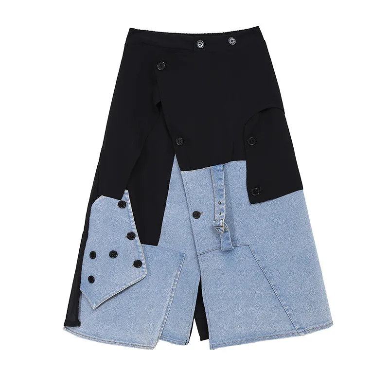 

Cross-Border 2021 Summer Skirt New Hong Kong Style Women's Fashion High Waist Stitching Denim Skirt A- Line Skirt