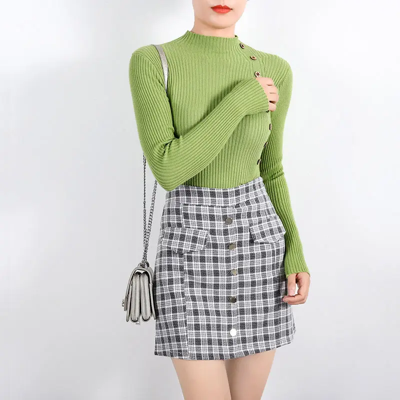Autumn O-neck Sexy Slim Sweater Botton Desgin Knitted Pullover Women Casual Vintage Sweater Colthing Female Knit Tops